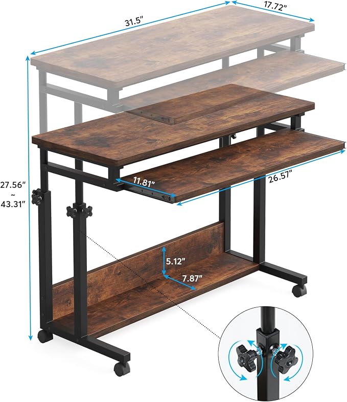 Tribesigns Portable Desk for Sofa and Bed, Height Adjustable Laptop Table Small Standing Desk Rolling Computer Cart with Keyboard Tray on Wheels for Home Office - Image 5