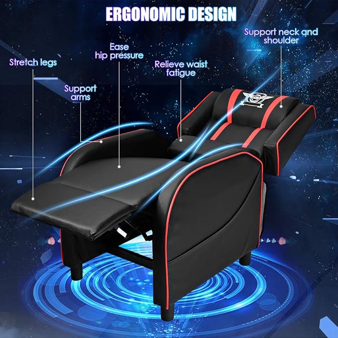 Giantex Gaming Recliner Chair, Adjustable Massage Gaming Chairs for Adults, Ergonomic Comfortable Lounge Leather Sofa w/Footrest, Remote Control & Side Pocket, Racing Style Single Sofa Recliners, Red - Image 8