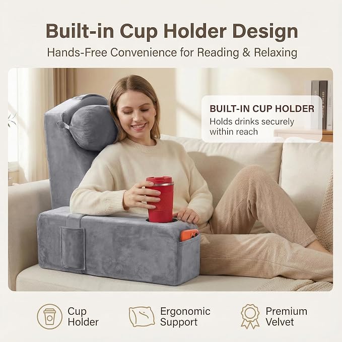 21 INCH Reading Pillow for Adults, Back Pillow for Bed Sitting Up, Backrest Pillow for Sitting in Bed, Detachable Arms with Built-in Cup & Phone Caddy (Gray, 21 INCH) - Image 3