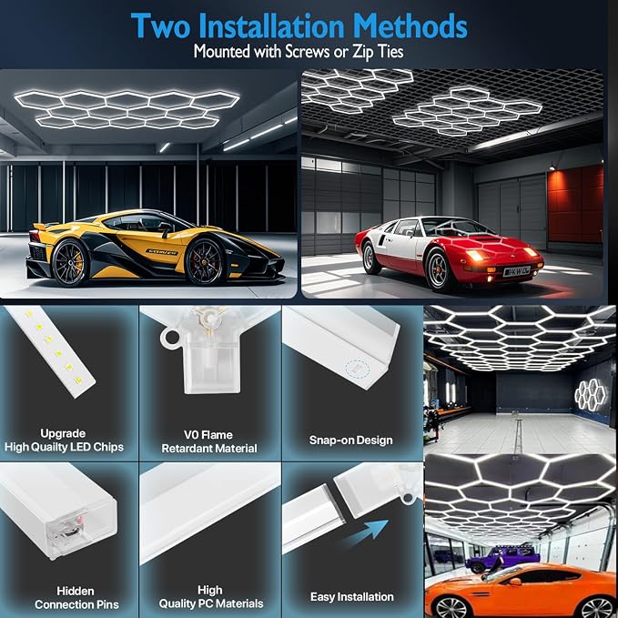 31Lights LED Hexagon Honeycomb Lights,7-Hex Honeycomb Lights 38800Lumens Hexagon DIY Super Bright Garage Light Car Detailing Ceiling 388W LED Shop Light for Warehouse Workshop Gym Basement - Image 7