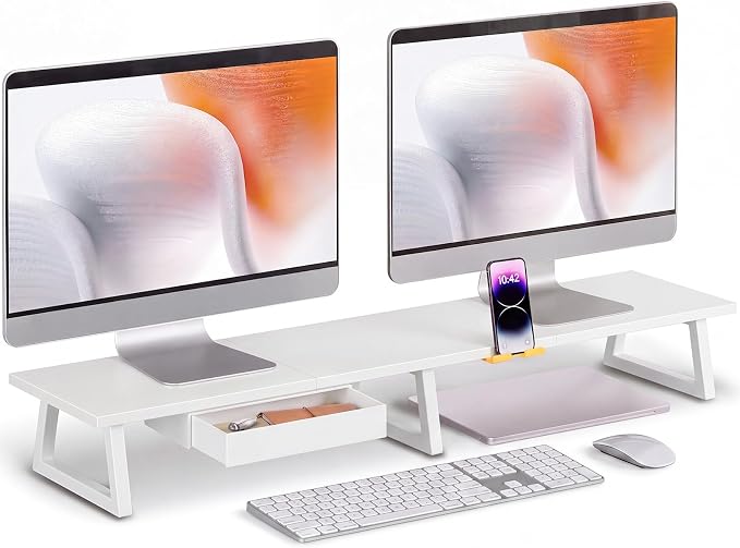 TEAMIX 42 inch Dual Monitor Stand with Storage Drawer & Phone Holder, White | Laptop, PC, Printer, TV Stand Riser, Wood & Steel, Holds 300lbs, Keyboard & PS5 Storage underneath, For Home Office & Gaming by TEAMIX