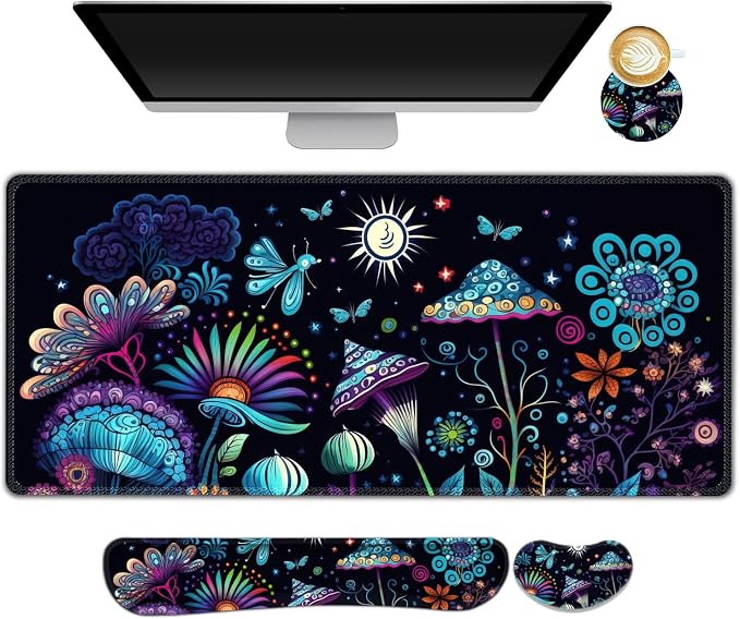 AIMSA Large Gaming Mouse Pad Set, Keyboard Wrist Rest Support+ Extended Mousepad+ Mouse Wrist Cushion+Coaster, Ergonomic Multifunctional Desk Mat 35x15.7in, Colorful Abstract Mushrooms by AIMSA