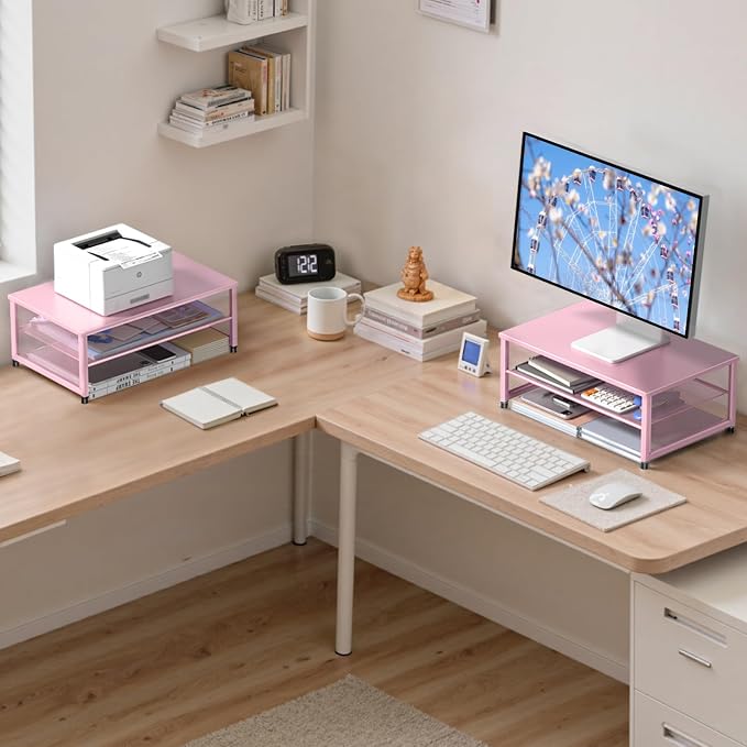 ECOLOVI 2-Tier Computer Monitor Stand Riser, Printer & Laptop Stand, Office Desk Accessories, Workspace Desk Organizer for Home Office Supplies, Pink - Image 3