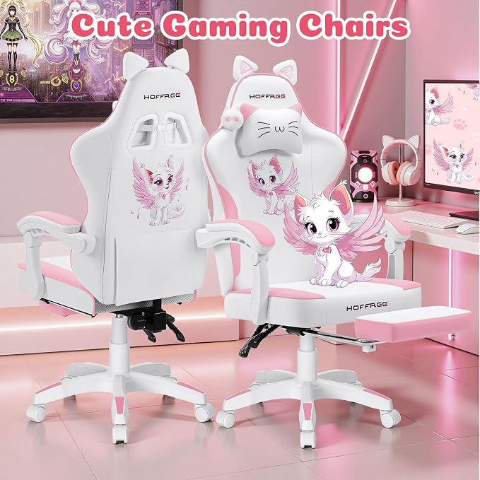 Pink Gaming Chair for Girls Cute Massage Computer Chair with Cat Ears | Cute Computer Office Chair Ergonomic Reclining Gamer Chair with Footrest Lumbar Support PC Game Chairs for Women Adults - Image 3