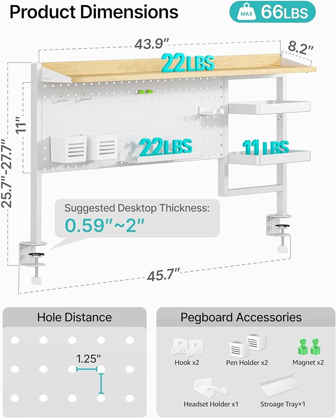PEGZONE Clamp on Desk Shelf, 44" Desktop Shelving System, White | with Pegboard and Accessories, Desktop Organizer with 2-Tier Shelf, Desk Pegboard for Gaming Office - Image 3