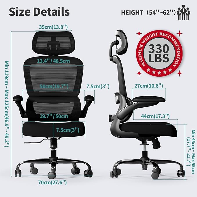 TRALT Office Chair Ergonomic Desk Chair - Gaming Chair with Lumbar Support | 330 LBS Home Office Desk Chairs with Headrest, Reading Chair with Flip-up Armrests, Comfortable Computer Chairs (5, Black) - Image 3