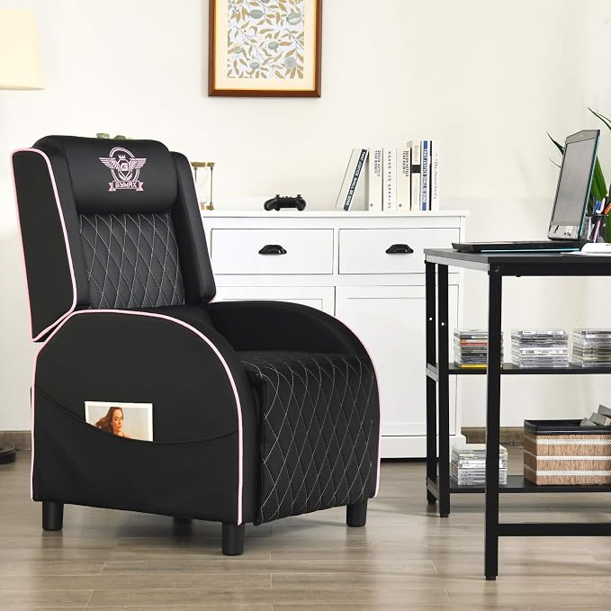 GYMAX Massage Gaming Recliner Chair, Ergonomic Racing Style Single Sofa with Adjustable Headrest, Backrest & Footrest, Home Theater Sofa for Living Room Office (Pink) - Image 9