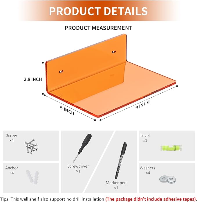 Sezanrpt 9 Inch Orange Wall Shelves, Acrylic Wall Mounting Ledges Display, Acrylic Display Wall Shelf for Funko Pop Figures, Collectibles, Plants, Décor, Toiletries, Spices, 2 Pack - Image 2