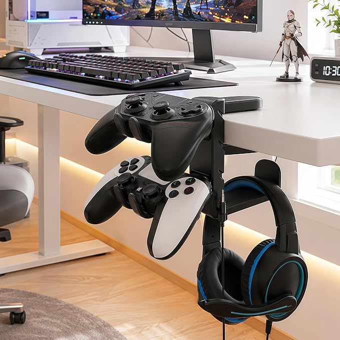 3 In 1 PC Gaming Headphone & Controller Stand Holder, Clamp On Headset Hanger with 360° Rotation Hook, Under Desk Cable Clip Organizer Earphone Storage Rack, Universal XBOX PS5 PS4 Switch Gift, Black - Image 3
