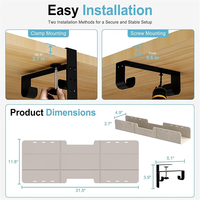 No-Drill Under Standing Desk Cable Management,31.5" L,Beige - Image 5