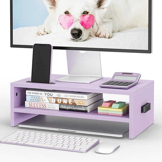 BONTEC Wooden Monitor Stand Riser for Desk, 2-Tier Computer Monitor Stand | 66 lbs Desk Shelf Organizer with Storage, Laptop & Printer Stand with Phone Holder and Cable Management, Purple, 16.5 Inch by BONTEC