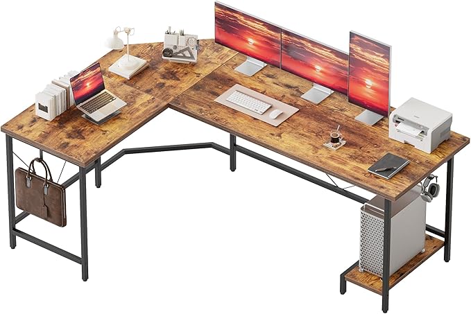 Mericonia 59 inch L Shaped Desk with CPU Stand, Large Corner Gaming Desk | Simple Computer Desk with 2 Hooks, Office Table for Home Bedroom Study Work Writing, Brown by MERICONIA