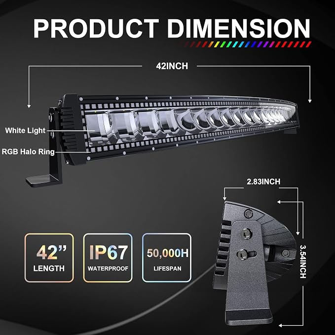 Lpteso RGBW Curved LED Light Bar 42Inch 240W w/2x4Inch 18W Flood RGB Pods - Image 2