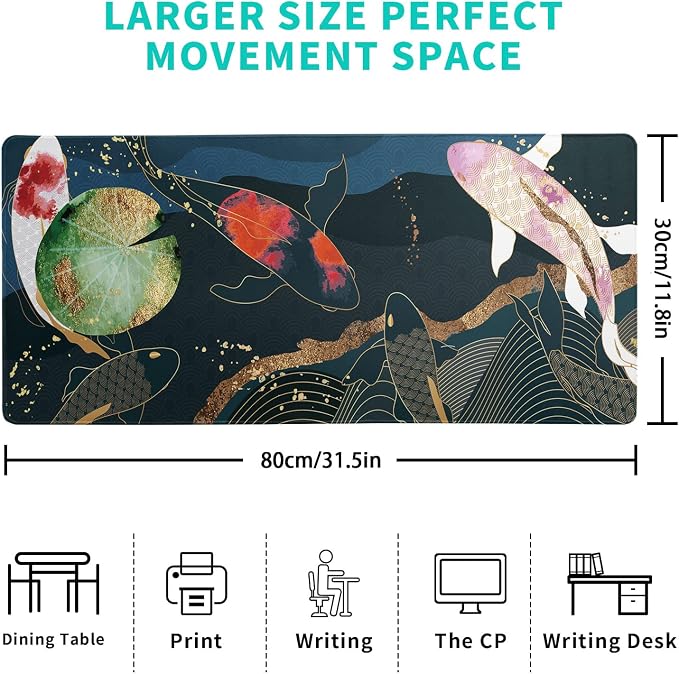 Japanese Gaming Mouse Pad XL - Extended Large Mouse Mat Desk Pad, Stitched Edges Mousepad, 3mm Thick Long Non-Slip Rubber Base Mice Pad, 31.5 X 11.8 Inch - Koi Fish Art - Image 4