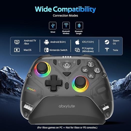 C8 PC Controller - Wireless Bluetooth Gamepad - Hall Effect Joystick RGB Backlit - 1000Hz Polling Rate -Dual Vibrate Macro Buttons for PC, Switch, Switch 2, Steam Deck, Android, iOS, MAC &Tesla Charging Dock - Image 2
