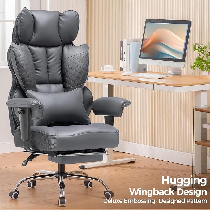 COMHOMA Big and Tall Office Chair Heavy Duty Wide Ergonomic Gaming Chair with Deluxe Embossing Designed Leather with Foot Rest,150°Reclining Adjustable Armrests Pocket Spring Back Support and Pillow - Image 3
