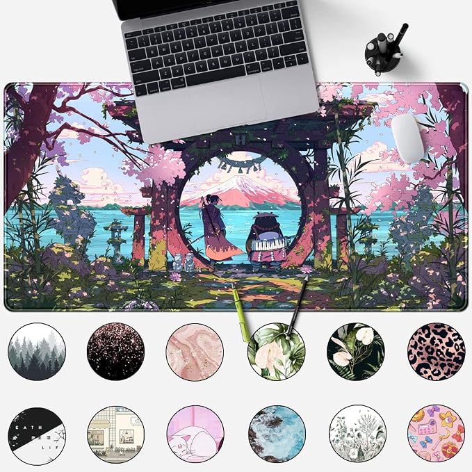 Pink Japan Desk Pad Anime Gaming Green Mouse Pad Large Mouse Pad For Desk Computer Pc Laptop Office Decor For Women, Anime Mouse Keyboard Pad Stitched Edges Non-Slip Rubber Mat Desk Pad (31.5x15.7 In) - Image 2