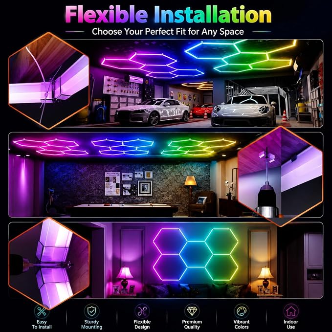 25Pack RGB Hexagon LED Garage Lights, 5 Hexagon Smart Honeycomb Lights with APP & Remote Control, Music Sync, 358 RGB Colors, Dimmable DIY Modular Lighting for Garage, Gaming Room & Car Detailing - Image 7
