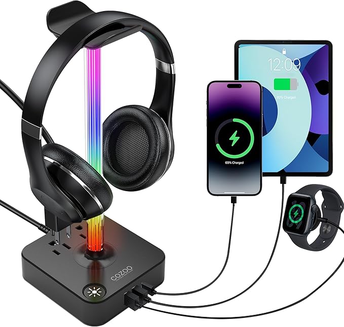 cozoo Headphone Stand with Charger, USB C, Gifts for Gamers Men, Black Pro | Gaming Headset Stand Holder for Desk, 3 USB(1 USB C) and 2 AC Outlets Charging Ports, Headphone Hanger, Gamer Gifts for Men by COZOO