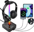 cozoo Headphone Stand with Charger, USB C, Gifts for Gamers Men, Black Pro | Gaming Headset Stand Holder for Desk, 3 USB(1 USB C) and 2 AC Outlets Charging Ports, Headphone Hanger, Gamer Gifts for Men by COZOO