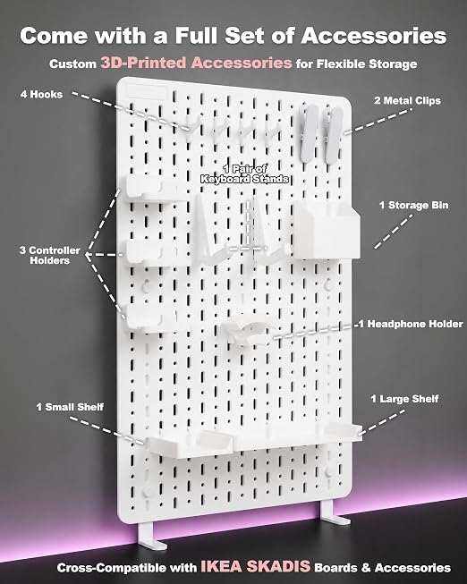 Clamp-On Desk Pegboard Organizer, 14 Accessories, White | 14 Peg Board Accessories, Controller Holders, Keyboard Stand, Headphones Holder, Cable Storage for gaming setups, home office - Image 5