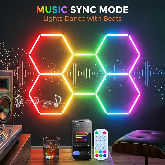 RGB Hexagon Garage Lights 5 Hex, Duplex Signal RGB Led Hexagon Lights with Music Sync Mode, Easy Setup RGB Ceiling Lights for Garage, Gym, Gaming Room, Studio, Party, Bar - Image 6