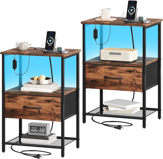 Somdot Nightstand Set of 2 with Charging Station & LED Light, Bedside Table by Somdot