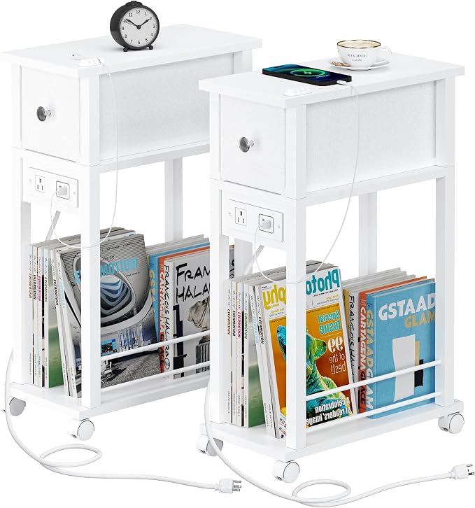 Slim Nightstand Set of 2, Narrow Side Table with Charging Station & Drawer by DGSANDGPuttheCustomerFirst