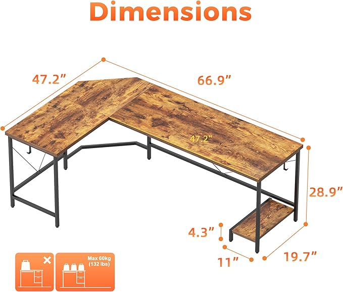 Mericonia 67 inch L Shaped Desk with CPU Stand, Large Corner Gaming Desk | Simple Computer Desk with 2 Hooks, Office Table for Home Bedroom Study Work Writing, Brown - Image 2