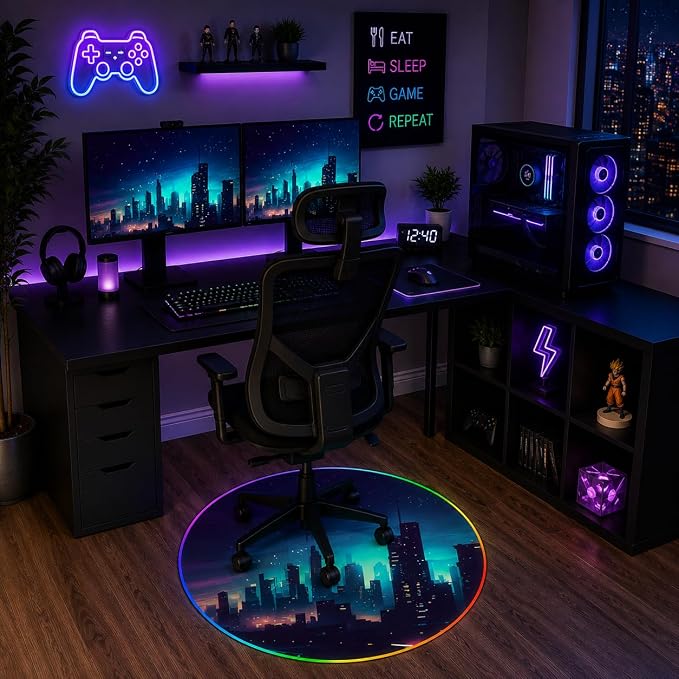 Gaming Chair Mat for Hardwood Floor Circle RGB Gaming Lights (Skyline 47”) - Noise Cancelling, Anti-Slip Gamer Floor Mat – Scratch Resistant Computer Gaming Mat for Chair – Office Chair Mat - Image 6