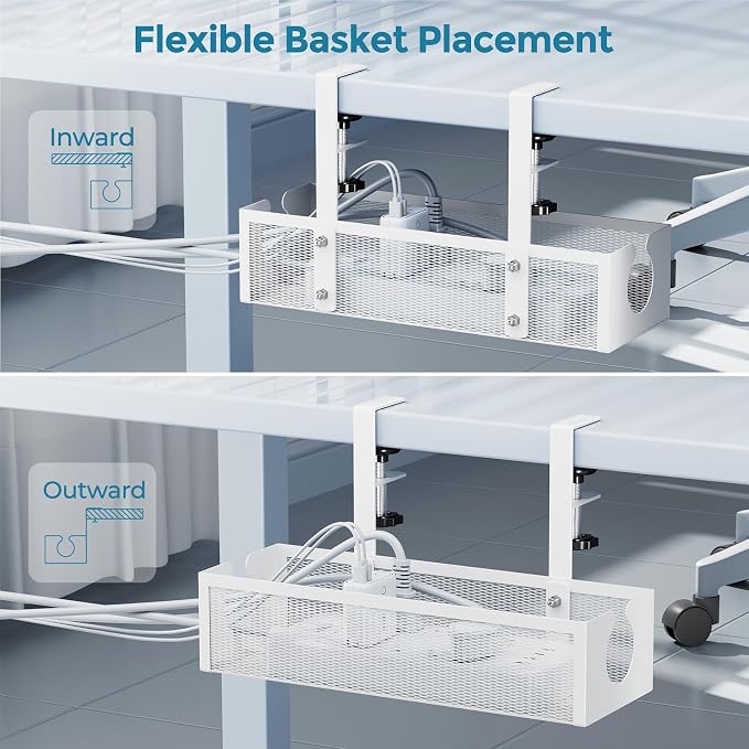 YECAYE No-Drill Metal Under Desk Cable Management Tray, Power Strip & Cable Organizer for Home Office,Under Desk Storage,Organizer Tray,White - Image 2