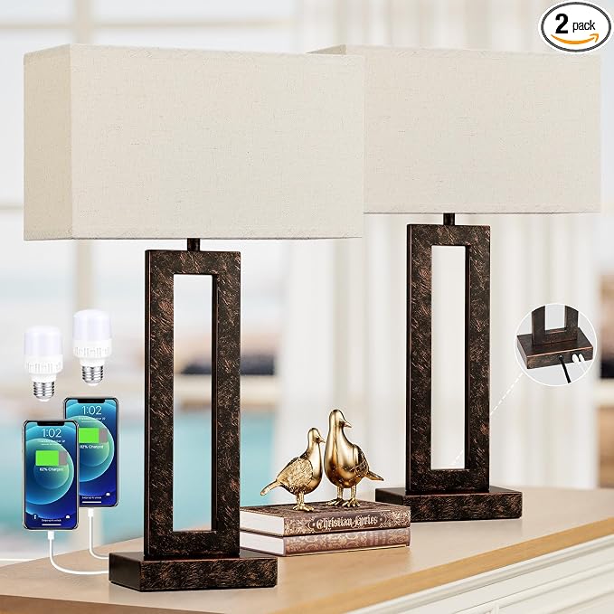 Seealle 22" Tall Living Room Lamps for Night Stands - Touch Bedside Lamp with USB C+A, 3 Way Dimmable Bedroom Lamps for End Tables Set of 2, Modern Night Stand Lamp for Bed Side(Beige&Brown) by SeealleLighting
