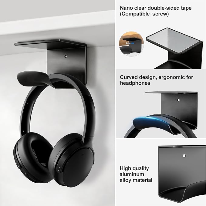 Headphone Holder, Aluminum Headset Hanger with Adhesive Mount | Space Saving Headphone Stand for Gaming Desk, Computer, Office Setup, Black - Image 2