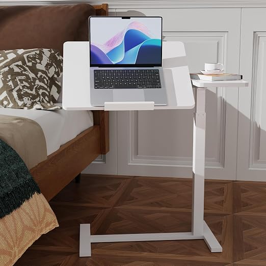Simple Deluxe Overbed Bedside Table with Hidden Casters, Height Adjustable Desk with Tilting Top, Mobile Rolling Laptop Desk, Standing Rolling Desk Hospital Home Use, White - Image 3