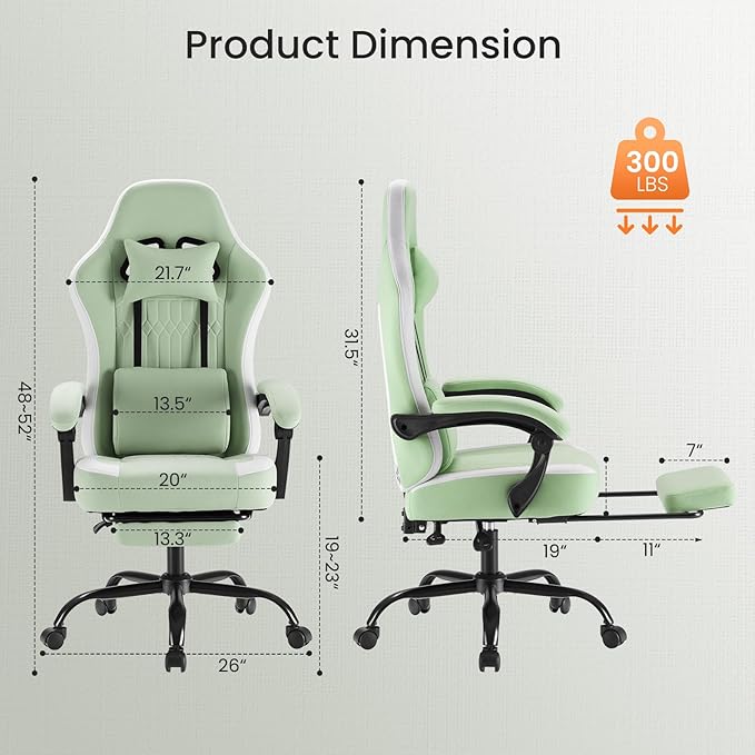 DUMOS Ergonomic Gaming Chair with Footrest, Video Game Chairs | Comfy Lumbar Support, Linkage Armrests, Tech Fabric, Pocket Spring Cushion, Office, Adults Students, Green - Image 3