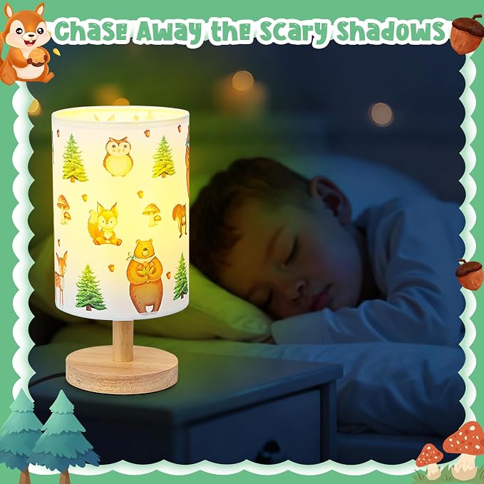 Woodland Animals Table Lamp - Woodland Kids Bedside Lamp with Linen Wooden Nightstand Cartoon Nursery Lampshade for Kids Room Decor - Image 3