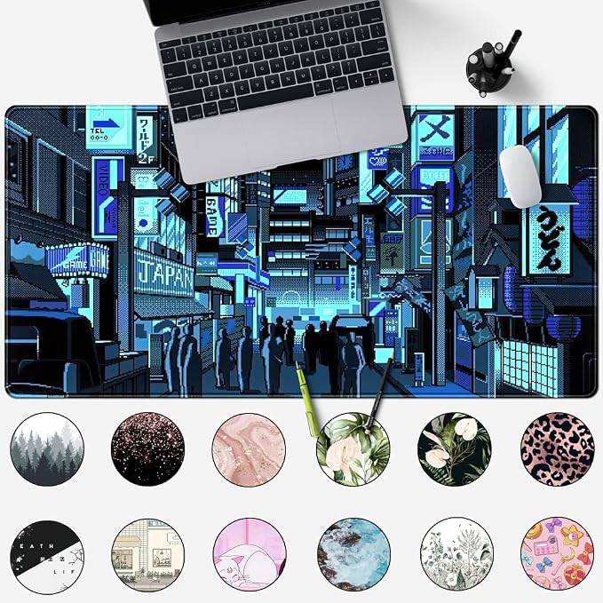 Japanese Gaming Arcade Blue Large Gaming Mouse Pad Keyboard Desk Pad Extended Mouse Pad Gaming Office Decor, Pc Laptop Mouse Pads Large (31.5x15.7 in) with Stitched Eges Non-Slip Base Mousepad XXL - Image 2