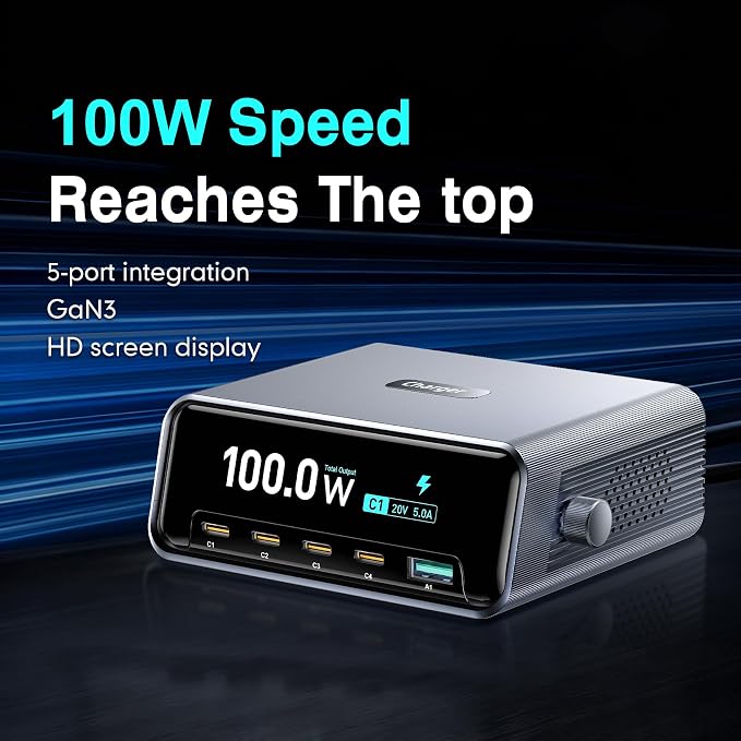 Desktop Charging Station, 100W 5-Port GaN Fast USB C Charger with LCD Smart Display & Control Knob, Gaming Desk Charger for Multiple Devices, Compatible with MacBook, iPhone, iPad, Galaxy, Home Office - Image 2