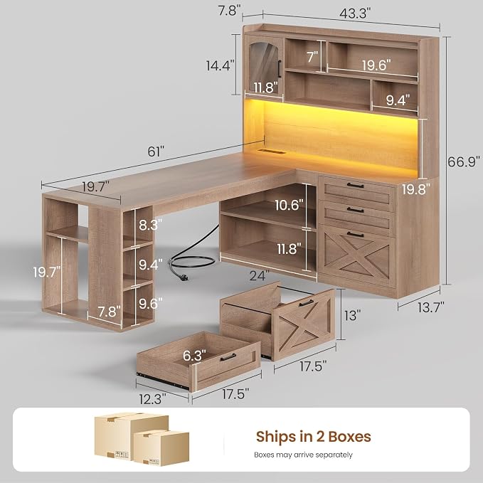 SEDETA 61" L Shaped Office Desk with Drawers and Storage, Light Brown - Image 2