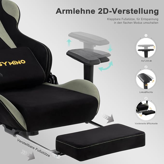 Symino Gaming Chair, High Back Ergonomic Office Chair with 2D Adjustable Armrests, 150° Recline, Breathable Faux Suede, Adjustable Headrest & Footrest for Home Office - Image 6