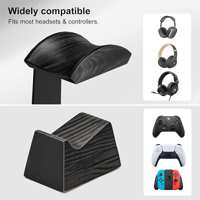 UPERGO Headphone and Headset Stand with Controller Holders Gamer Gifts | Solid Wood, Holds 2 Controllers, Storage Tray for Gaming Room Decor, Compatible with PS5 and Xbox - Image 4