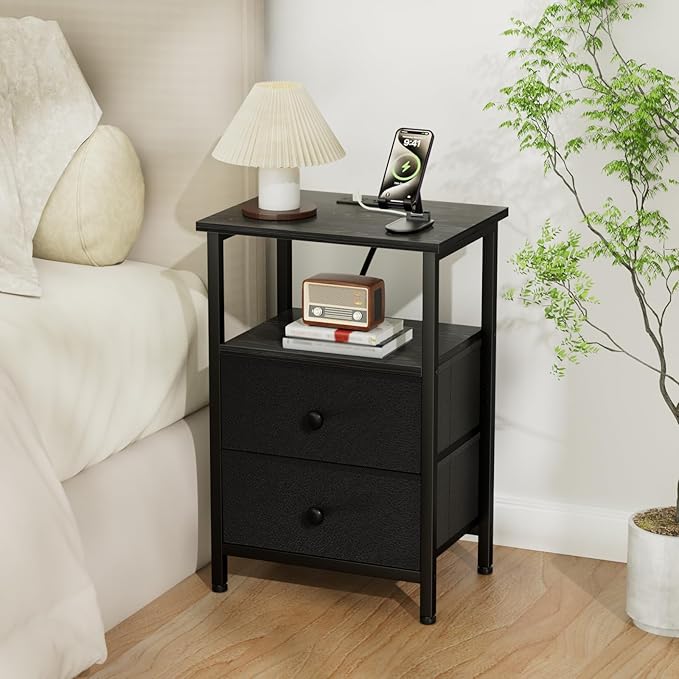LOAKEKEL Night Stand, Small Nightstand with Charging Station - Image 2