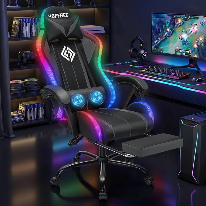 RGB Gaming Chair with LED Lights Massage Ergonomic Computer Chairs-Grey | High Back Video Game Chair with Footrest & Adjustable Lumbar Support Gamer Chairs for Adults Racing Style Recline - Image 3
