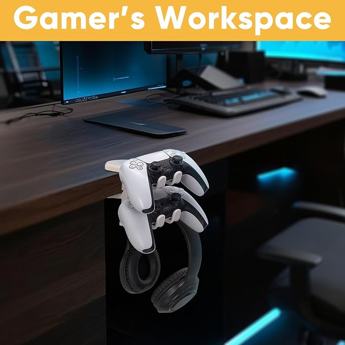 3-in-1 Under Desk Headphone Hanger with Adjustable Clamp Mount, 2 Controller Slots & 1 Headset Universal Holder Stand, Rotatable Hook Rack & Cable Organizer, for Home Gaming Xbox ps5 - White - Image 4