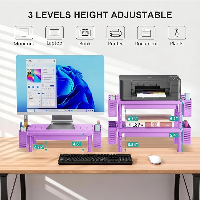 WALI Computer Monitor Stand with Storage and Pen Holder | 3 Height Adjustable Desk Organizer with Drawer, Desk Laptop Monitor Riser for Computer, Printer(PTT003-V), 1 Pack, Violet - Image 2