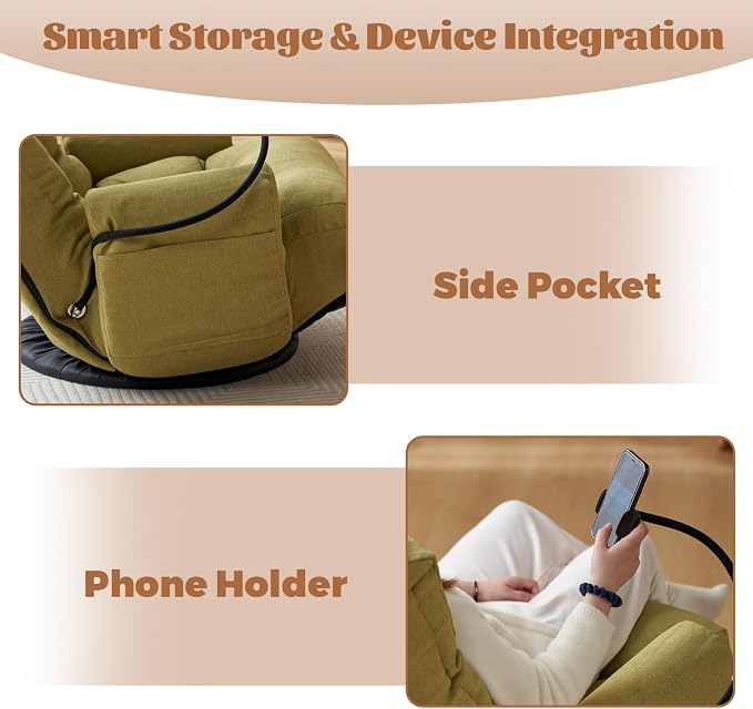360° Swivel Floor Green Gaming Chair Linen Folding Lounge Sofa Chair with Adjustable Head and Waist, Armrests & Phone Holder, Padded Cushion Leisure Chairs for Living Room Bedroom - Image 4