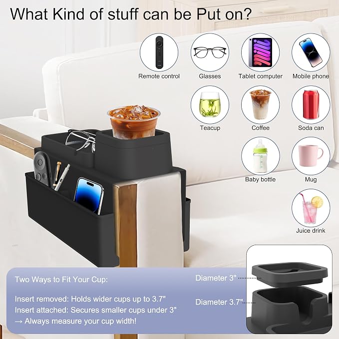KindGa Couch Cup Holder - Silicone Sofa Armrest Organizer Couch Caddy Black - Image 5