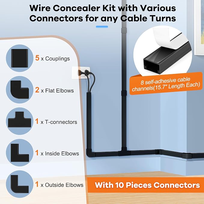 126in Cord Hider Kit, Wire Hiders for TV on Wall, Paintable Cable Management Kit, Wire Cover for Wall Mount TV, Hide Wires Along Wall, Black Cord Cover Wall Wire Management, 8xL15.7in W0.95in H0.55in - Image 3