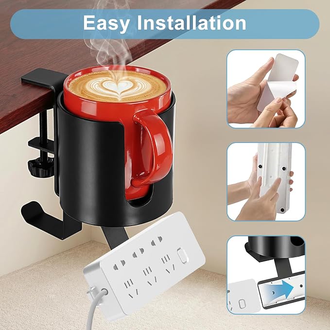 3 in 1 Desk Cup Holder Clamp, Clip On Table Cup Holder with Headphone Hook - Image 4