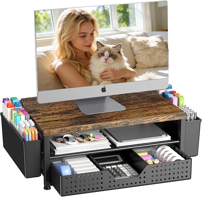 OPNICE Desk Organizers and Accessories, Computer Monitor Stand Riser with Drawer and 2 Pen Holders, Printer & Laptop Stand, Office Desk Accessories & Workspace Organizers for Home Office Supplies, Brown by OPNICE